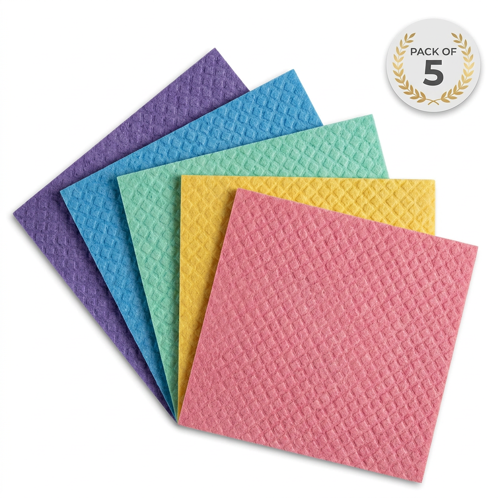AI Design for Arrange the five reusable cleaning cloths in a wide fan shape, allowing each vibrant color to stand out clearly. Use a bright white background with subtle shadows and include a stylish "PACK OF 5" badge. Keep the layout simple, premium, and focused entirely on the product.