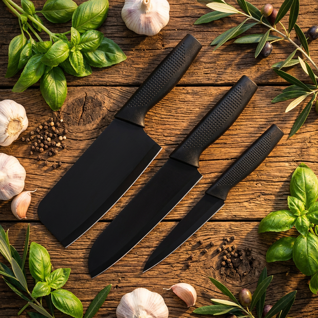 AI Design for Arrange the knives on a rustic wooden table with fresh basil, garlic, black pepper, and olive branches placed around the edges. Use warm sunlight to enhance the natural textures while ensuring the complete knife set remains the central attraction.