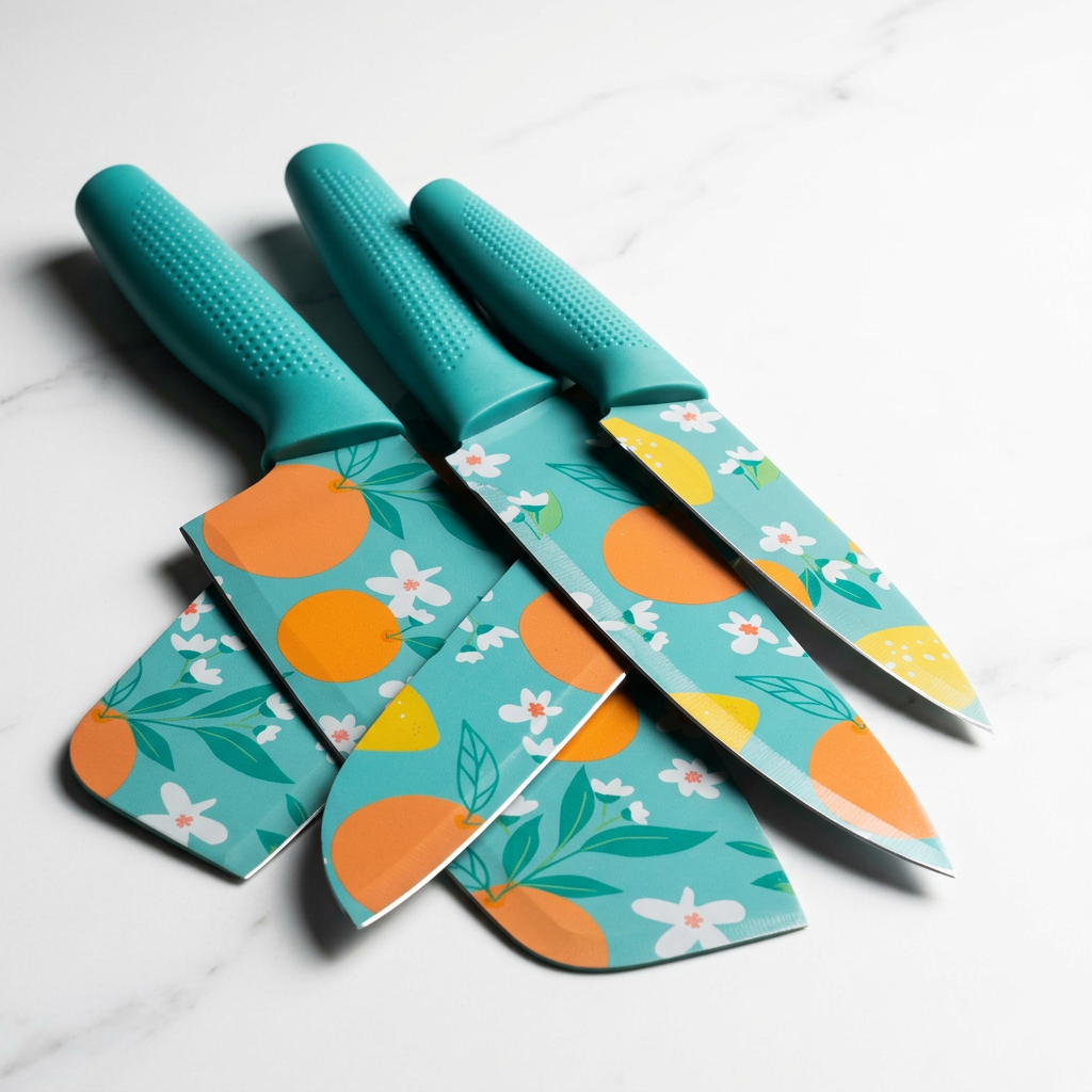 AI Design for Display the knives slightly overlapping from largest to smallest with sharp blade edges facing the same direction. Use a minimal white background with dramatic lighting to showcase precision, durability, and craftsmanship, making the knife set appear professional and ideal for everyday kitchen preparation.