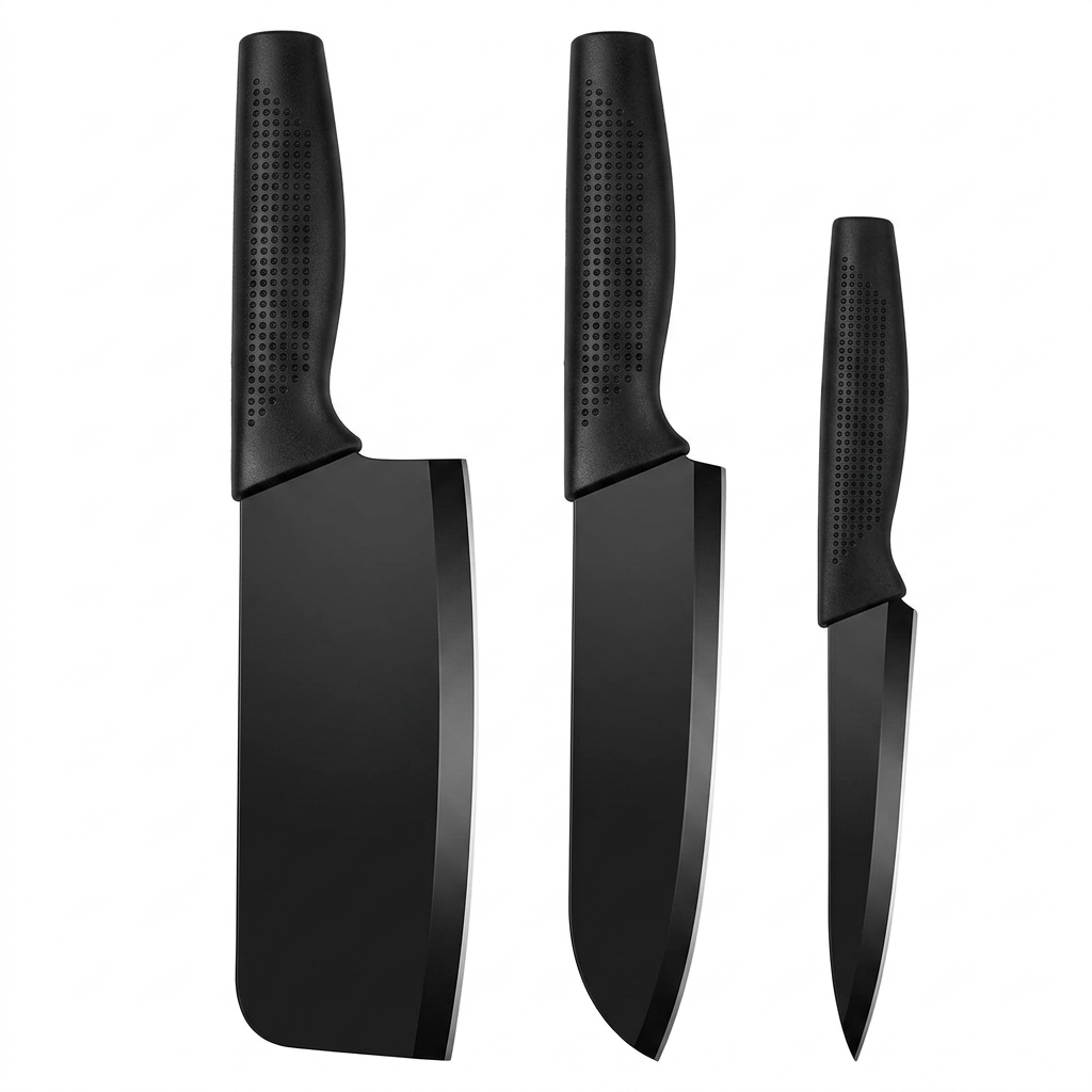 AI Design for Place all three knives vertically side by side with equal spacing on a white background. Keep each knife fully visible, emphasizing the different blade sizes and polished finish. Use bright, even lighting with subtle reflections to create a crisp, high-quality product image that instantly attracts buyers.