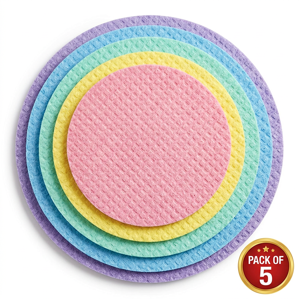 AI Design for Arrange all five cleaning cloths in a perfectly symmetrical layered stack with each color equally visible from the edges. Use a bright white background, soft natural shadows, and a bold "PACK OF 5" badge. Keep the product occupying nearly 85% of the frame for maximum marketplace visibility.