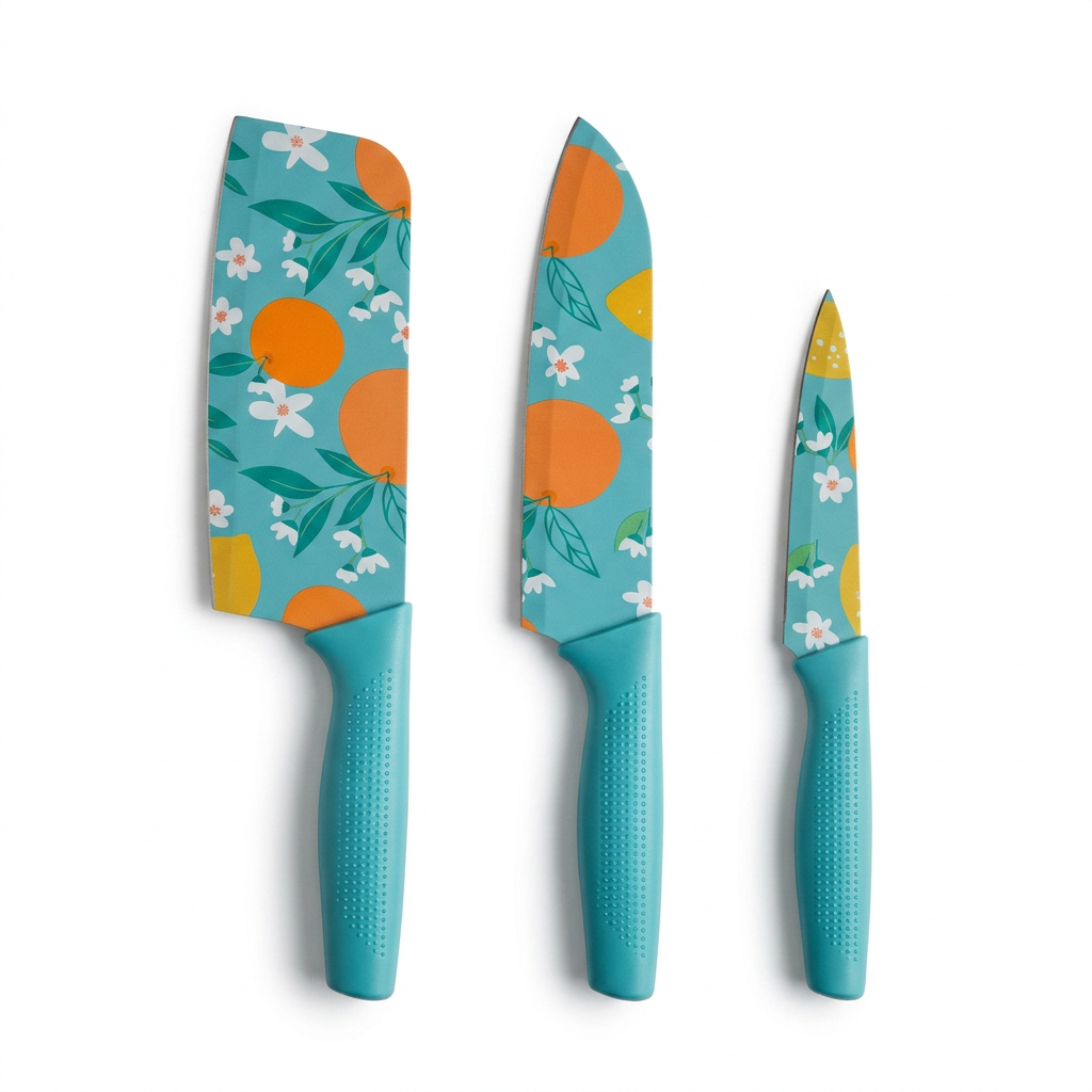 AI Design for Arrange the three knives in descending size on a premium white background with perfect alignment and soft shadows. Highlight the complete knife set by emphasizing the ergonomic handles, sharp blades, and modern design. Keep the composition clean so customers instantly recognize it as a premium kitchen knife collection.