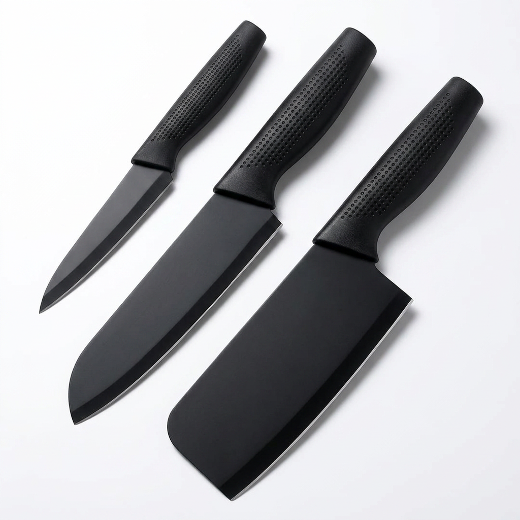 AI Design for Display the three knives diagonally from smallest to largest with slight overlap that never hides any part of the products. Use soft shadows and a bright white background to create depth while maintaining a clean composition that highlights the complete three-piece knife set.