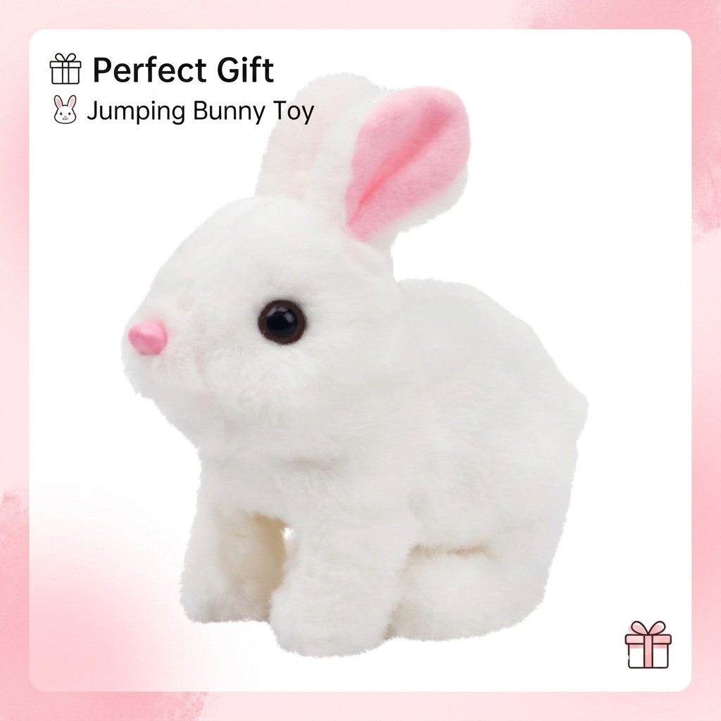 AI Design for 🎁 Perfect Gift
🐰 Jumping Bunny Toy
Idea (57 Words):
Show the bunny large and centered with a tiny ribbon illustration near one corner of the image. Use soft pink accents around the edges without distracting from the toy. The product remains the dominant visual element.