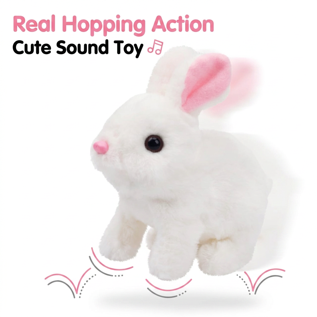 AI Design for 🐇 Real Hopping Action
🎶 Cute Sound Toy
Idea (54 Words):
Keep the bunny large in the center while adding bounce lines beneath the feet and a light motion blur behind it. The white background ensures the toy stands out. Use bold pink and black text in the upper-left corner without covering the bunny.
