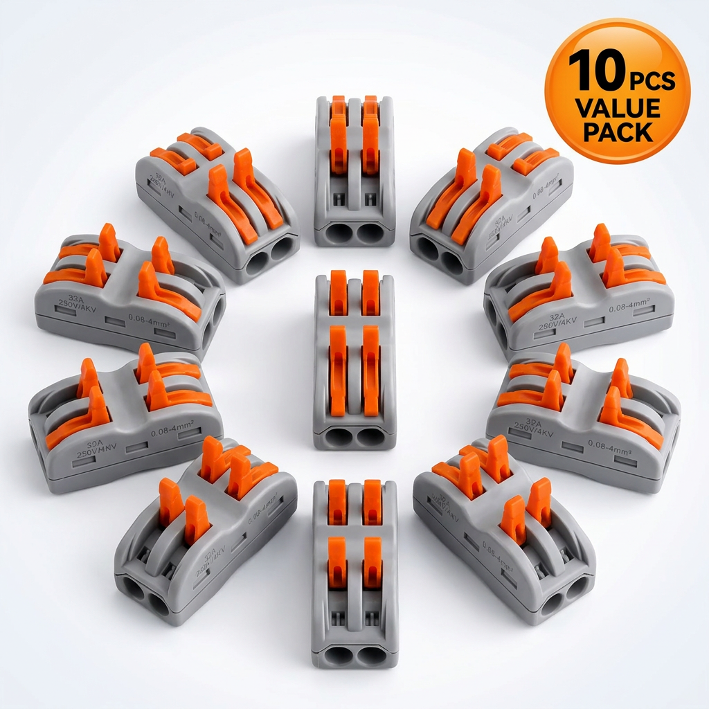 AI Design for Arrange all 10 connectors in a neat circular pattern with one connector standing upright in the center. Use a clean white background with a subtle grey gradient. Add a bright orange "10 PCS VALUE PACK" label.