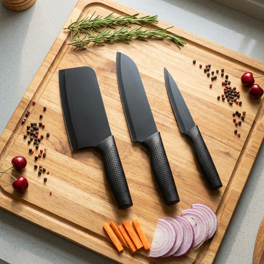 AI Design for Display all three knives on a light wooden chopping board with neatly arranged rosemary, peppercorns, and sliced vegetables around the edges. Ensure every knife is fully visible with balanced spacing, creating a warm, elegant kitchen scene without making the background feel cluttered.