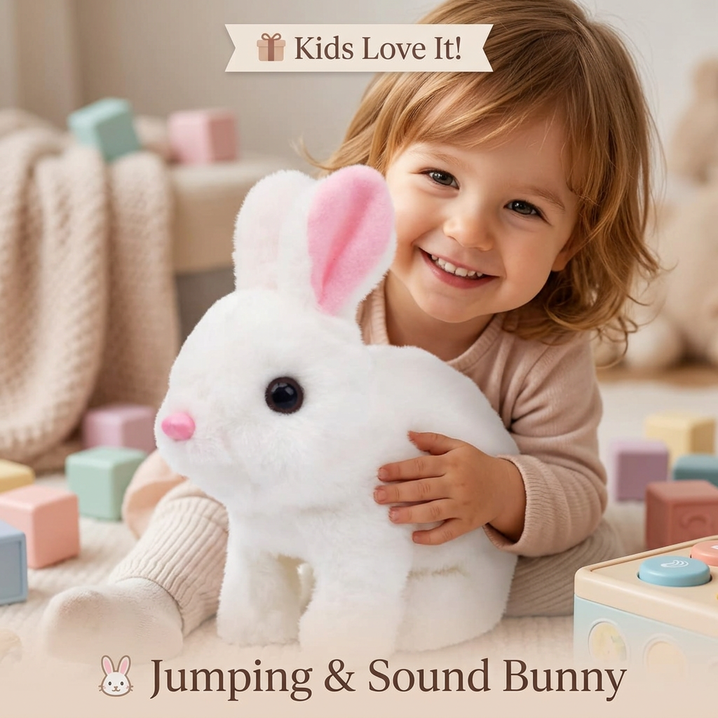 AI Design for 🎁 Kids Love It!
🐰 Jumping & Sound Bunny
Idea (57 Words):
Show a young child happily hugging the bunny after watching it hop. The bunny should occupy most of the image while the child smiles in the background. Use pastel toys and soft colors to create a warm, joyful atmosphere without distracting from the product.