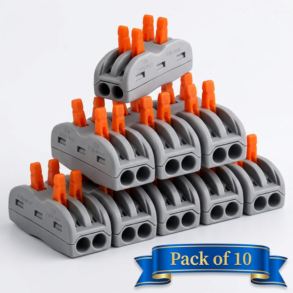 AI Design for Place 6 connectors in the bottom row, 3 in the middle, and 1 on top to create a pyramid. Keep the same product colors and add a "Pack of 10" ribbon without covering the product.