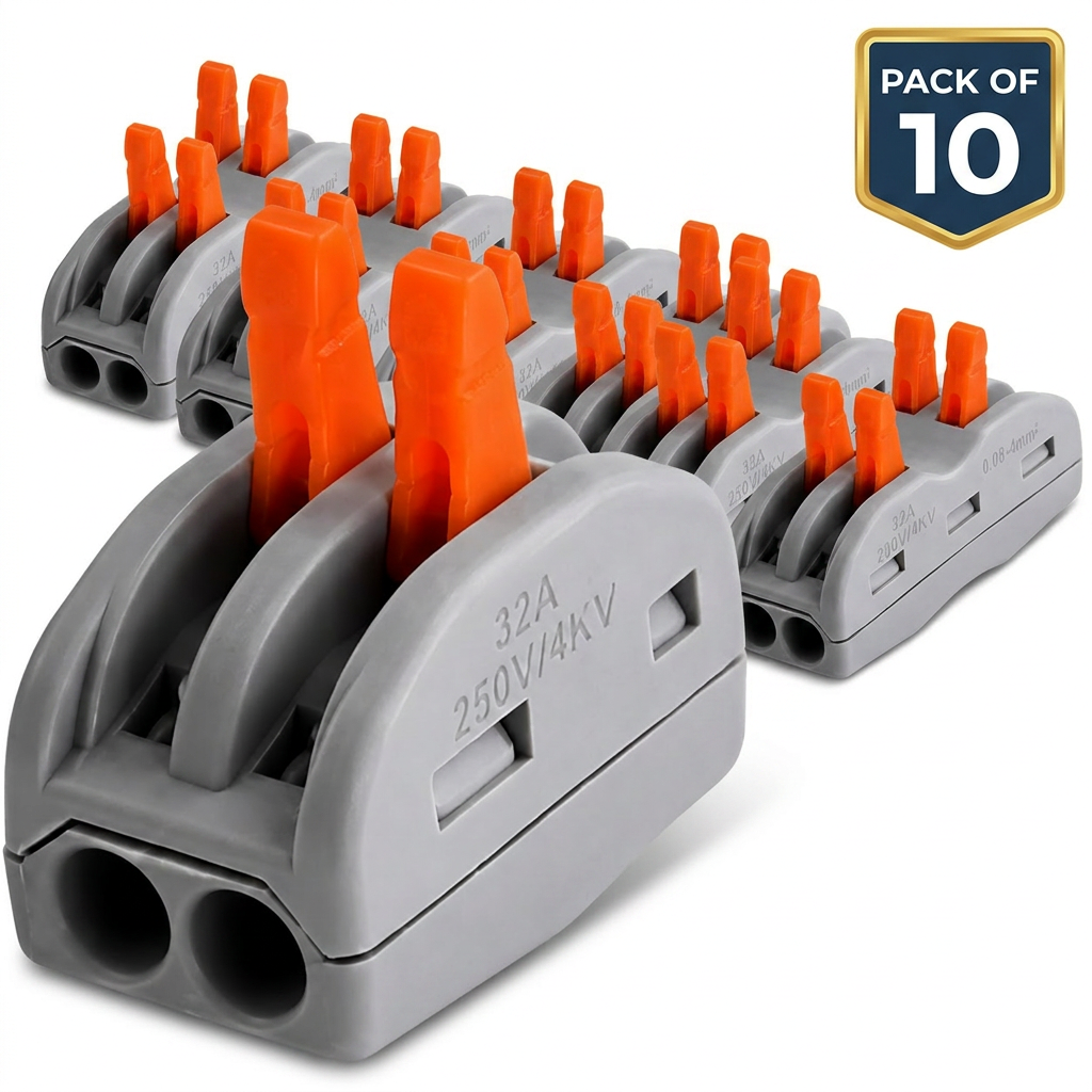 AI Design for Show exactly 10 connectors arranged in 2 rows of 5 at a slight 45° angle. Keep the background pure white with a soft shadow. Add a bold "PACK OF 10" badge in the top-right corner. Make one connector slightly larger in the front for a premium look.