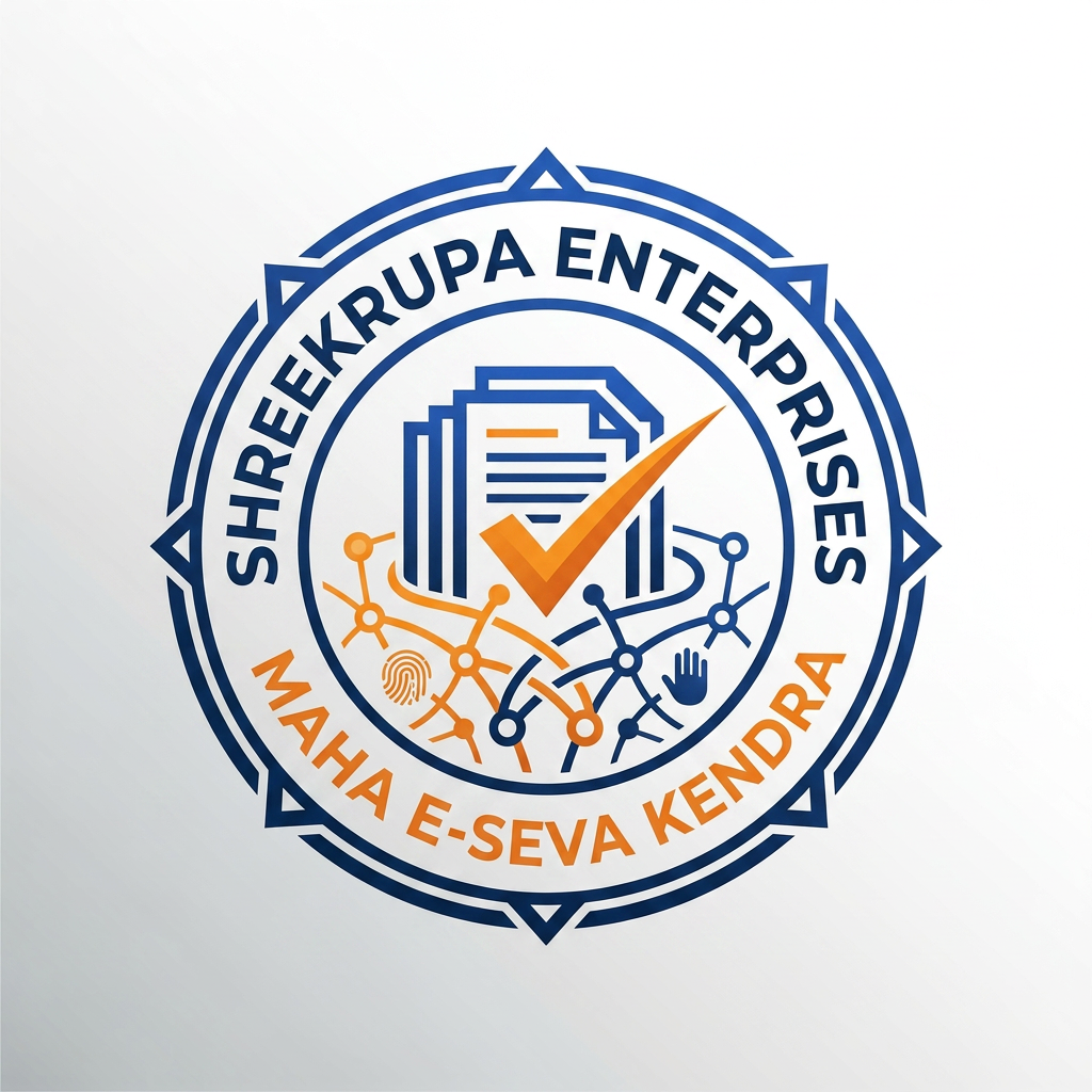 AI Design for Create a premium professional vector logo for "SHREEKRUPA ENTERPRISES – MAHA E-SEVA KENDRA". The logo should represent government document services, certificates, citizen services, business registrations, and digital solutions. Use a modern document icon combined with a check mark and digital network elements inside a circular emblem. Color palette: Royal Blue, Saffron Orange, and White. Clean, trustworthy, professional, and suitable for signboards, visiting cards, letterheads, websites, and social media. Include the text "SHREEKRUPA ENTERPRISES" and subtitle "MAHA E-SEVA KENDRA".
