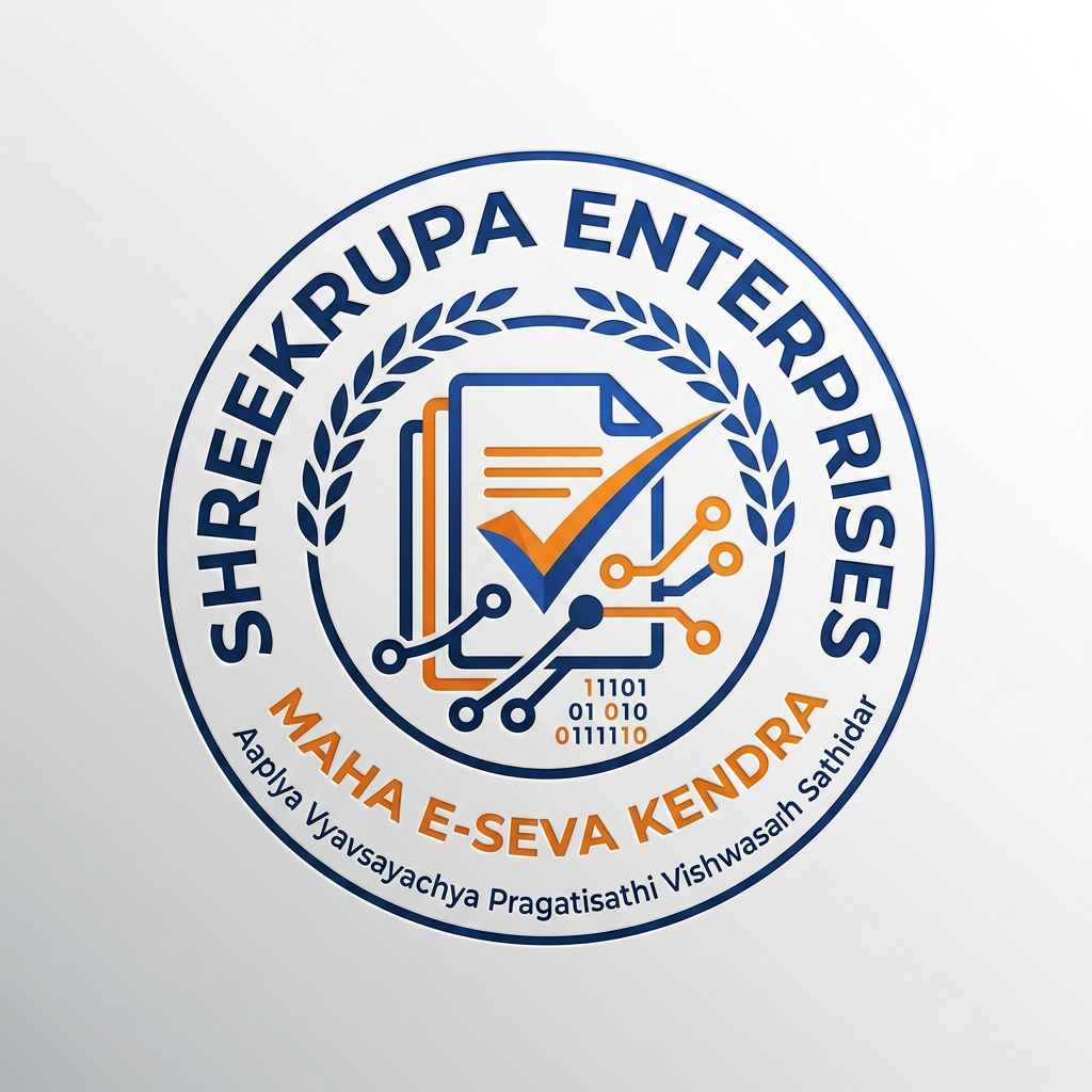 AI Design for Create a premium professional vector logo for "SHREEKRUPA ENTERPRISES – MAHA E-SEVA KENDRA". The logo should represent government document services, certificates, citizen services, business registrations, and digital solutions. Use a modern document icon combined with a check mark and digital network elements inside a circular emblem. Color palette: Royal Blue, Saffron Orange, and White. Clean, trustworthy, professional, and suitable for signboards, visiting cards, letterheads, websites, and social media. Include the text "SHREEKRUPA ENTERPRISES" and subtitle "MAHA E-SEVA KENDRA".