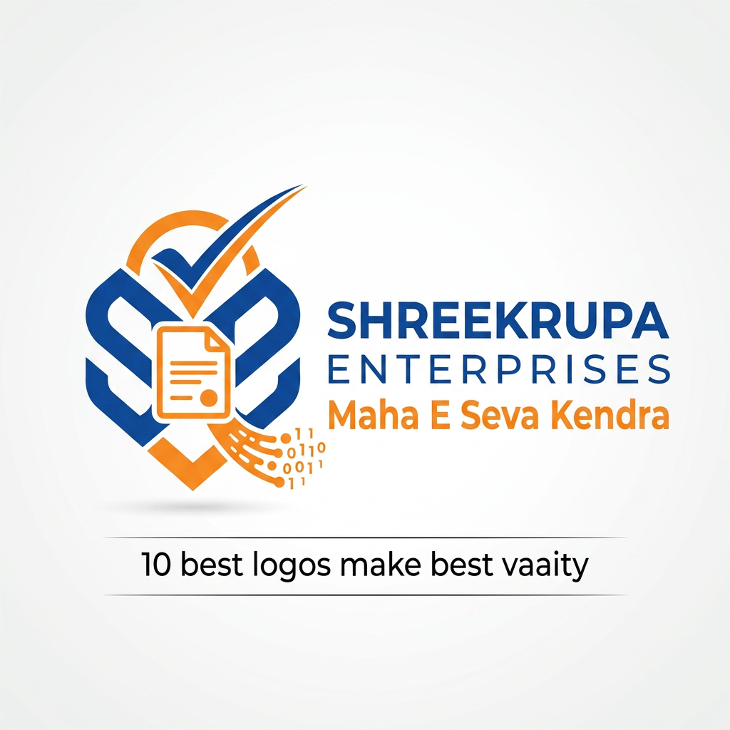 AI Design for Create a premium modern logo for "SHREEKRUPA ENTERPRISES - Maha E Seva Kendra". Use a combination of document icon, digital technology elements, checkmark, and the letters "SE". Color palette: Royal Blue, Saffron Orange, and White. Professional, clean, trustworthy, government service center branding. Vector style, minimalistic, high quality, suitable for signboard, visiting card, website, and social media. Include tagline: 10 best logos make best vaaity