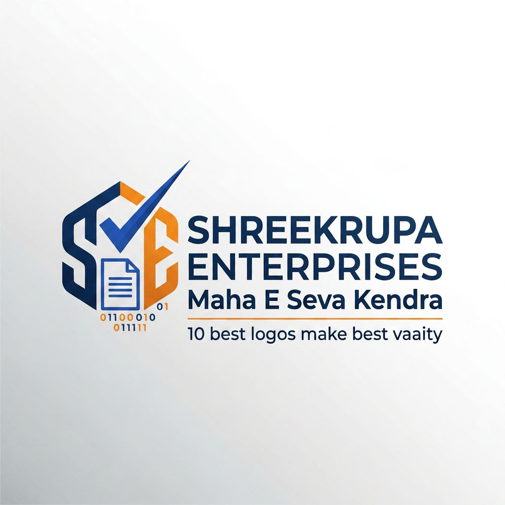 AI Design for Create a premium modern logo for "SHREEKRUPA ENTERPRISES - Maha E Seva Kendra". Use a combination of document icon, digital technology elements, checkmark, and the letters "SE". Color palette: Royal Blue, Saffron Orange, and White. Professional, clean, trustworthy, government service center branding. Vector style, minimalistic, high quality, suitable for signboard, visiting card, website, and social media. Include tagline: 10 best logos make best vaaity