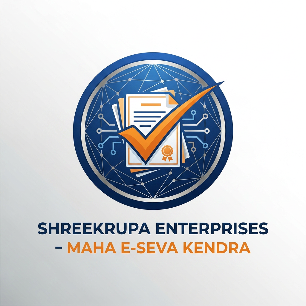 AI Design for Create a premium professional vector logo for "SHREEKRUPA ENTERPRISES – MAHA E-SEVA KENDRA". The logo should represent government document services, certificates, citizen services, business registrations, and digital solutions. Use a modern document icon combined with a check mark and digital network elements inside a circular emblem. Color palette: Royal Blue, Saffron Orange, and White. Clean, trustworthy, professional, and suitable for signboards, visiting cards, letterheads, websites, and social media. Include the text "SHREEKRUPA ENTERPRISES" and subtitle "MAHA E-SEVA KENDRA".