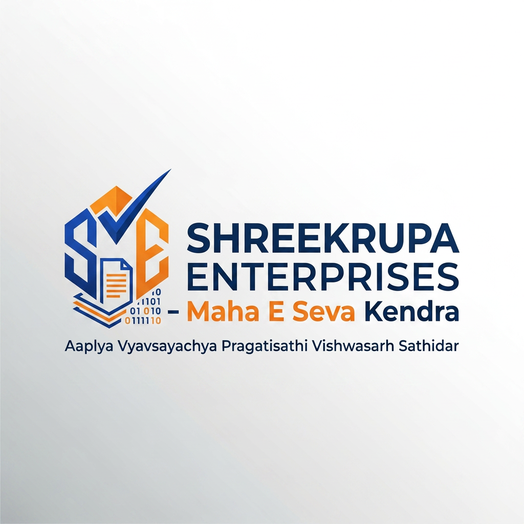 AI Design for Create a premium modern logo for "SHREEKRUPA ENTERPRISES - Maha E Seva Kendra". Use a combination of document icon, digital technology elements, checkmark, and the letters "SE". Color palette: Royal Blue, Saffron Orange, and White. Professional, clean, trustworthy, government service center branding. Vector style, minimalistic, high quality, suitable for signboard, visiting card, website, and social media. Include tagline: "Aaplya Vyavsayachya Pragatisathi Vishwasarh Sathidar".