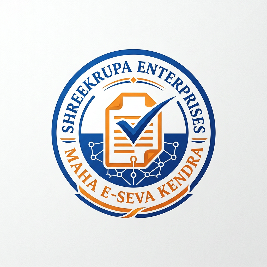 AI Design for Create a premium professional vector logo for "SHREEKRUPA ENTERPRISES – MAHA E-SEVA KENDRA". The logo should represent government document services, certificates, citizen services, business registrations, and digital solutions. Use a modern document icon combined with a check mark and digital network elements inside a circular emblem. Color palette: Royal Blue, Saffron Orange, and White. Clean, trustworthy, professional, and suitable for signboards, visiting cards, letterheads, websites, and social media. Include the text "SHREEKRUPA ENTERPRISES" and subtitle "MAHA E-SEVA KENDRA".