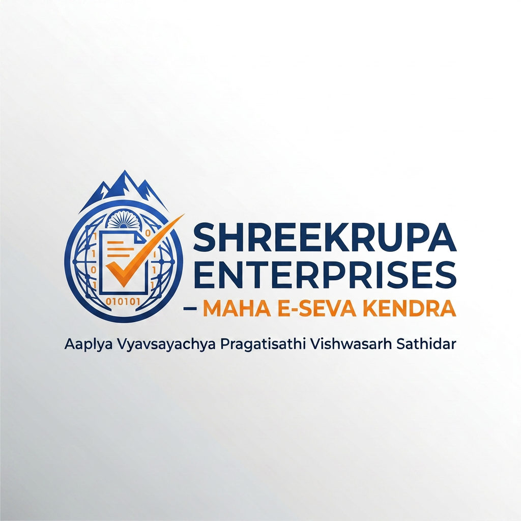 AI Design for Create a premium professional vector logo for "SHREEKRUPA ENTERPRISES – MAHA E-SEVA KENDRA". The logo should represent government document services, certificates, citizen services, business registrations, and digital solutions. Use a modern document icon combined with a check mark and digital network elements inside a circular emblem. Color palette: Royal Blue, Saffron Orange, and White. Clean, trustworthy, professional, and suitable for signboards, visiting cards, letterheads, websites, and social media. Include the text "SHREEKRUPA ENTERPRISES" and subtitle "MAHA E-SEVA KENDRA".