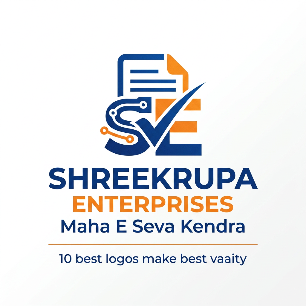 AI Design for Create a premium modern logo for "SHREEKRUPA ENTERPRISES - Maha E Seva Kendra". Use a combination of document icon, digital technology elements, checkmark, and the letters "SE". Color palette: Royal Blue, Saffron Orange, and White. Professional, clean, trustworthy, government service center branding. Vector style, minimalistic, high quality, suitable for signboard, visiting card, website, and social media. Include tagline: 10 best logos make best vaaity