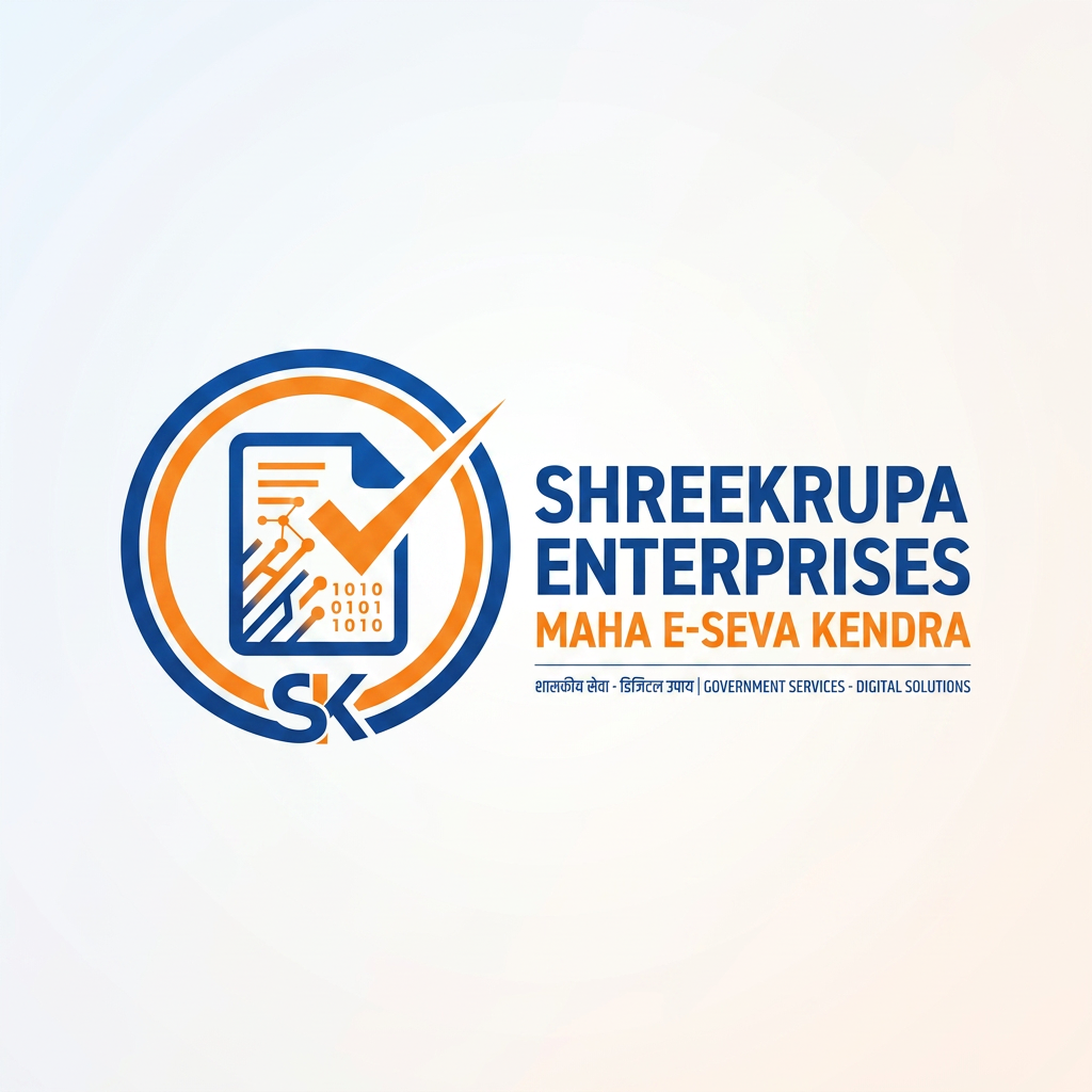 AI Design for Create a premium professional vector logo for "SHREEKRUPA ENTERPRISES – MAHA E-SEVA KENDRA". The logo should represent government document services, certificates, citizen services, business registrations, and digital solutions. Use a modern document icon combined with a check mark and digital network elements inside a circular emblem. Color palette: Royal Blue, Saffron Orange, and White. Clean, trustworthy, professional, and suitable for signboards, visiting cards, letterheads, websites, and social media. Include the text "SHREEKRUPA ENTERPRISES" and subtitle "MAHA E-SEVA KENDRA".