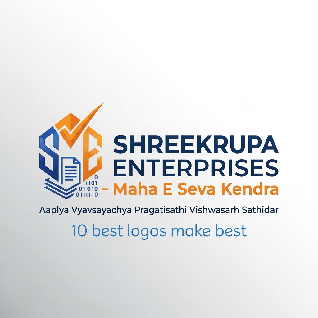AI Design for Create a premium modern logo for "SHREEKRUPA ENTERPRISES - Maha E Seva Kendra". Use a combination of document icon, digital technology elements, checkmark, and the letters "SE". Color palette: Royal Blue, Saffron Orange, and White. Professional, clean, trustworthy, government service center branding. Vector style, minimalistic, high quality, suitable for signboard, visiting card, website, and social media. Include tagline: 10 best logos make best