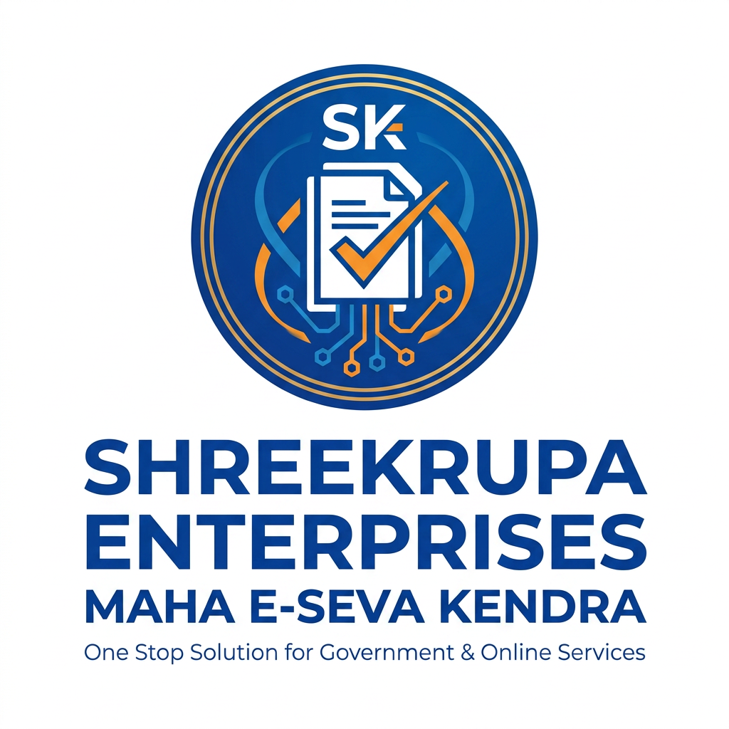 AI Design for Create a premium professional vector logo for "SHREEKRUPA ENTERPRISES – MAHA E-SEVA KENDRA". The logo should represent government document services, certificates, citizen services, business registrations, and digital solutions. Use a modern document icon combined with a check mark and digital network elements inside a circular emblem. Color palette: Royal Blue, Saffron Orange, and White. Clean, trustworthy, professional, and suitable for signboards, visiting cards, letterheads, websites, and social media. Include the text "SHREEKRUPA ENTERPRISES" and subtitle "MAHA E-SEVA KENDRA". Logo Layout:
⭕ SK (inside a circular emblem)
SHREEKRUPA
ENTERPRISES
MAHA E-SEVA KENDRA
Tagline Options:
Your Trusted Government Service Partner
Complete Government Documentation Solutions
One Stop Solution for Government & Online Services
Trusted Documentation & Citizen Services
डिझाइन कल्पना:
⭘
SK
⭘
SHREEKRUPA
ENTERPRISES
MAHA E-SEVA KENDRA
Your Trusted Government
Service Partner