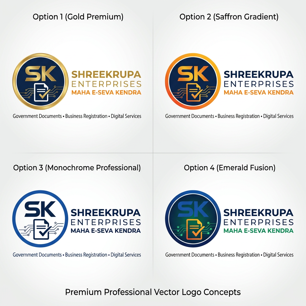 AI Design for Create a premium professional vector logo for "SHREEKRUPA ENTERPRISES – MAHA E-SEVA KENDRA". The logo should represent government document services, certificates, citizen services, business registrations, and digital solutions. Use a modern document icon combined with a check mark and digital network elements inside a circular emblem. Color palette: Royal Blue, Saffron Orange, and White. Clean, trustworthy, professional, and suitable for signboards, visiting cards, letterheads, websites, and social media. Include the text "SHREEKRUPA ENTERPRISES" and subtitle "MAHA E-SEVA KENDRA". Logo Layout:
⭕ SK (inside a circular emblem)
SHREEKRUPA
ENTERPRISES
MAHA E-SEVA KENDRA
Tagline Options:
Your Trusted Government Service Partner
Complete Government Documentation Solutions
One Stop Solution for Government & Online Services
Trusted Documentation & Citizen Services
डिझाइन कल्पना:
⭘
SK
⭘
SHREEKRUPA
ENTERPRISES
MAHA E-SEVA KENDRA
Your Trusted Government
Service Partner **SHREEKRUPA ENTERPRISES – MAHA E-SEVA KENDRA** साठी आकर्षक आणि प्रोफेशनल रंगसंगती:
### 🥇 Option 1 (सर्वोत्तम)
🔵 **Royal Blue** + 🟠 **Saffron Orange** + ⚪ White
* SK Logo → Royal Blue
* Circle Border → Saffron Orange
* ENTERPRISES → Dark Blue
* Tagline → Grey
**फायदा:** सरकारी सेवा, विश्वास आणि आधुनिकता दर्शवते.
---
### 🥈 Option 2 (Premium Corporate)
⚫ Black + 🟡 Gold
* SK → Gold
* Circle → Gold
* Text → Black
**फायदा:** महागडे, प्रतिष्ठित आणि प्रीमियम लुक.
---
### 🥉 Option 3 (Digital Service Theme)
🔵 Navy Blue + 🟢 Emerald Green
* SK → Navy Blue
* Digital Elements → Green
**फायदा:** ऑनलाइन आणि डिजिटल सेवांसाठी उत्तम.
---
### 🏆 माझी शिफारस
```
⭕
SK
⭕
SHREEKRUPA
ENTERPRISES
MAHA E-SEVA KENDRA
Government Documents
& Digital Services
```
**Colors:**
* Circle: Orange Gradient
* SK: White
* SHREEKRUPA: Royal Blue
* ENTERPRISES: Dark Grey
* MAHA E-SEVA KENDRA: Orange
### आकर्षक Tagline
✔️ *Complete Government Documentation Solutions*
✔️ *Your Trusted Government Service Partner*
✔️ *Government Documents • Business Registration • Digital Services*
✔️ *One Stop Solution for All Government Services*
### Logo ला Premium Look देण्यासाठी
✅ 3D Gradient Circle
✅ Bold "SK" Monogram
✅ Minimal Design
✅ No Excess Icons
✅ Vector Style
✅ Blue + Orange Theme
"Please change the color of the 'SK' element in the logo and provide multiple color options. Also, create 4–5 attractive and modern variations of this logo with enhanced visual appeal and professional branding."