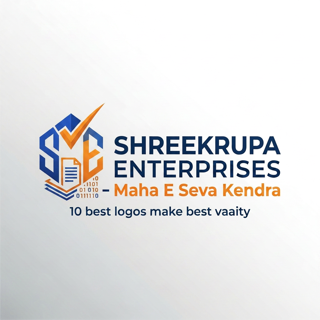 AI Design for Create a premium modern logo for "SHREEKRUPA ENTERPRISES - Maha E Seva Kendra". Use a combination of document icon, digital technology elements, checkmark, and the letters "SE". Color palette: Royal Blue, Saffron Orange, and White. Professional, clean, trustworthy, government service center branding. Vector style, minimalistic, high quality, suitable for signboard, visiting card, website, and social media. Include tagline: 10 best logos make best vaaity
