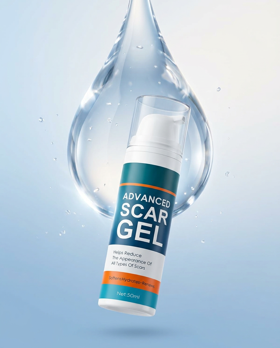 AI Design for Floating Gel Drop Hero
Scar gel tube floating in air
Large transparent gel droplet behind product
Blue-white gradient background
Luxury skincare advertisement look