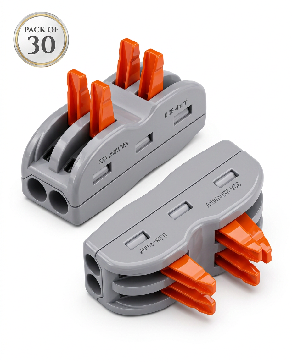 AI Design for Create a premium Flipkart hero image showing two identical grey lever wire connectors placed diagonally opposite each other. One connector faces left while the second faces right, creating a perfectly balanced mirror composition. Keep both connectors identical with glossy orange levers and realistic molded details. Add a premium "PACK OF 30" badge in the top-left corner. Pure white seamless background, professional softbox lighting, realistic shadows, photorealistic product photography, Ultra HD, 8K.