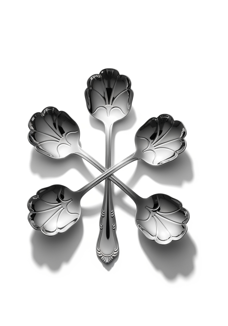 AI Design for Top-view luxury composition featuring 4 flower-shaped coffee spoons arranged like a blooming flower, pure white premium background, realistic metallic reflections, soft studio lighting, elegant shadowing, luxury cutlery advertisement style, ultra sharp focus, professional ecommerce photography, premium aesthetic, 4K resolution, no text, no logo, no watermark.