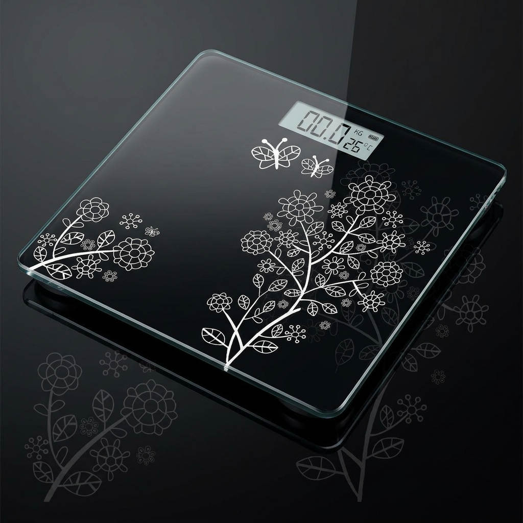 AI Design for Digital weight scale placed on a glossy black reflective surface with soft studio lighting, showing the LED display clearly. Premium e-commerce style with realistic reflections and shadows.