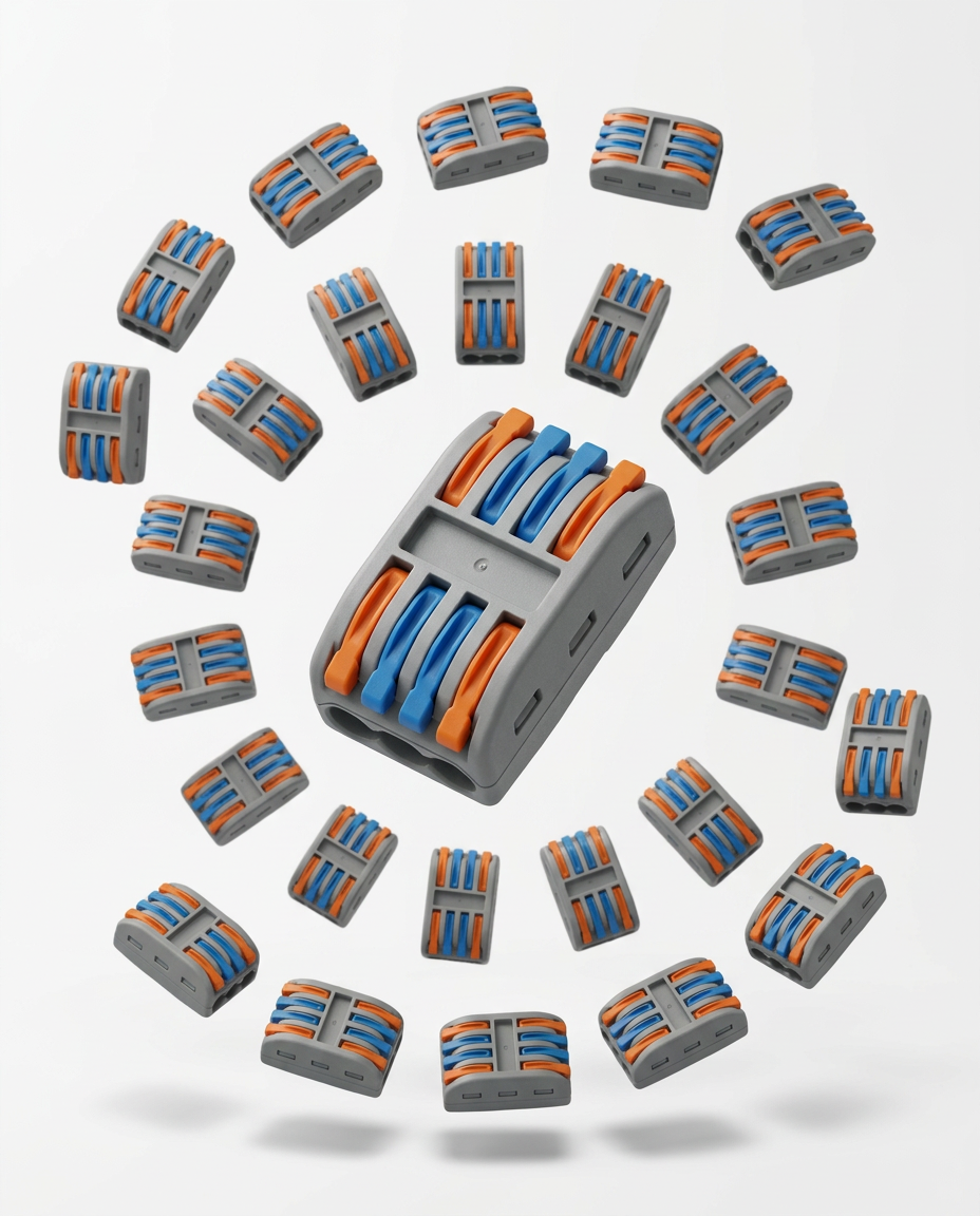 AI Design for Create a premium Flipkart hero image of 20 PCS lever wire connectors with a clean white background. Arrange the connectors in an elegant floating pattern with one connector placed larger in the center at a 25-degree angle. Show realistic orange and blue locking levers with sharp details and matte plastic texture. Add soft natural shadows below each connector to create depth. Premium studio lighting, ultra-realistic product photography, crisp edges, luxury e-commerce style, DSLR quality, 8K resolution, portrait orientation (4:5). No text, no watermark, no extra objects.