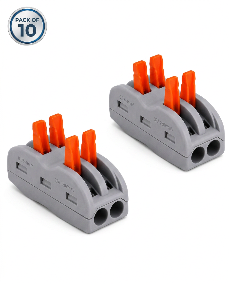 AI Design for Create a premium Flipkart hero image showing two identical grey lever wire connectors placed diagonally opposite each other. One connector faces left while the second faces right, creating a perfectly balanced mirror composition. Keep both connectors identical with glossy orange levers and realistic molded details. Add a premium "PACK OF 10" badge in the top-left corner. Pure white seamless background, professional softbox lighting, realistic shadows, photorealistic product photography, Ultra HD, 8K.