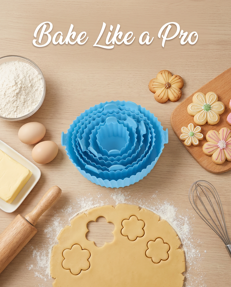 AI Design for Top-view flat lay showing the blue AIR FLYER cutter set with flour, eggs, butter, cookie dough, and finished flower cookies arranged aesthetically. Premium food photography, high CTR Flipkart listing style. Add text "Bake Like a Pro".