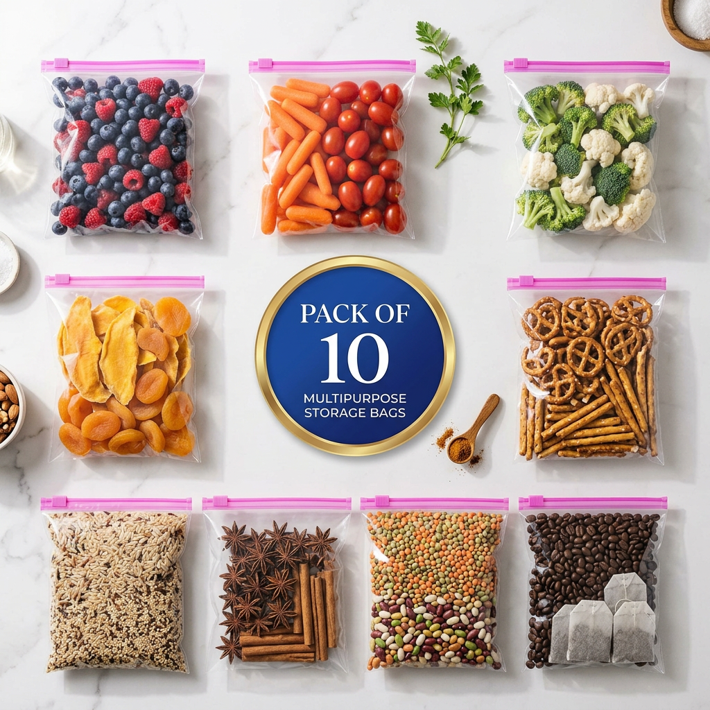 AI Design for Arrange 10 filled bags in a stylish flat-lay design containing fruits, vegetables, snacks, dry fruits, spices, and pantry items. Add a premium "PACK OF 10" badge in the center. The image should instantly communicate multipurpose household storage use.