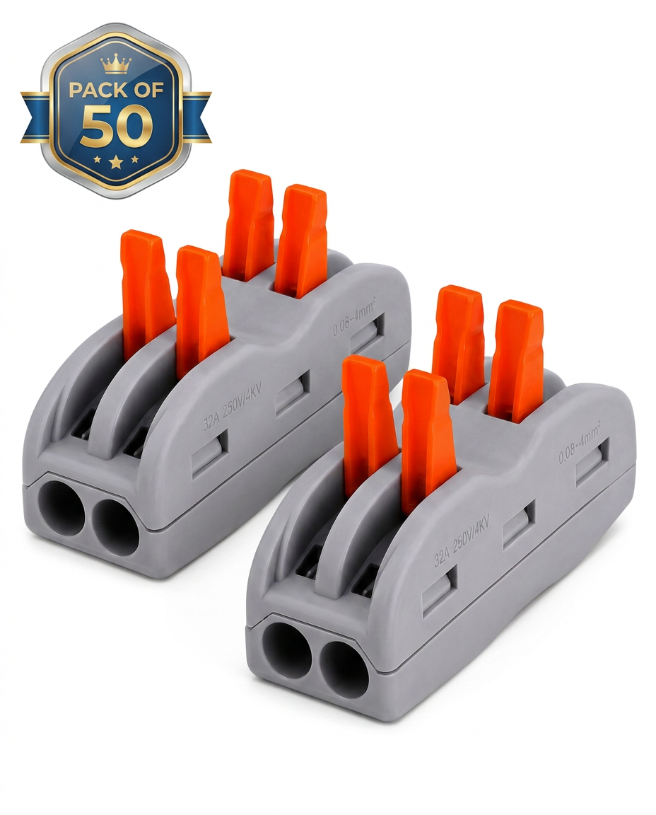 AI Design for Create a premium Flipkart hero image showing two identical grey lever wire connectors placed diagonally opposite each other. One connector faces left while the second faces right, creating a perfectly balanced mirror composition. Keep both connectors identical with glossy orange levers and realistic molded details. Add a premium "PACK OF 50" badge in the top-left corner. Pure white seamless background, professional softbox lighting, realistic shadows, photorealistic product photography, Ultra HD, 8K.