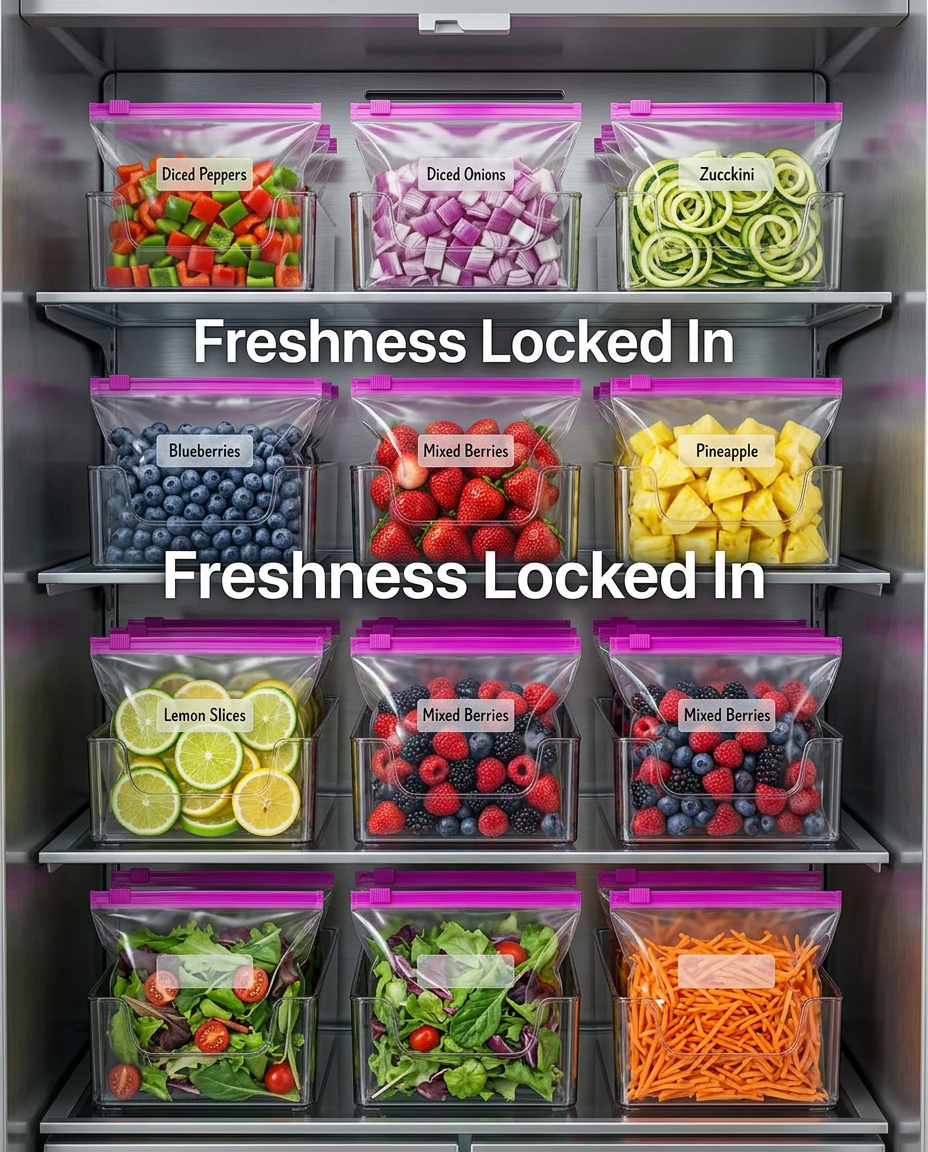 AI Design for Use the identical ziplock bag from the reference image. Do not modify bag size, shape, zipper color, or material. Show 20 bags containing chopped vegetables, fruits, berries, lemon slices, and salad ingredients inside a refrigerator storage setup. Clean organized arrangement, realistic food textures, ultra-realistic product photography. Add text: "Freshness Locked In".