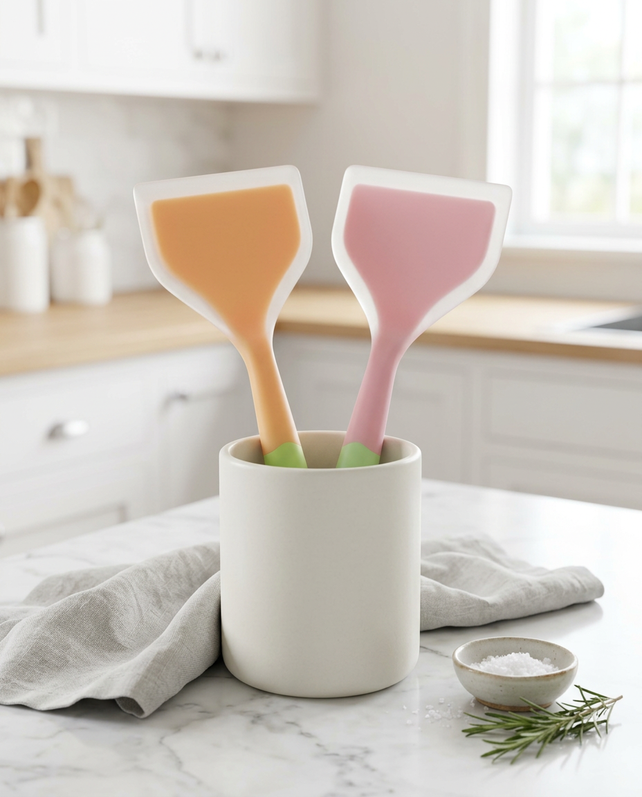 AI Design for Create a premium product display of a 2 PCS silicone spatula set standing upright inside a matte ceramic utensil holder placed on a white marble countertop. Surround with linen kitchen towel, subtle kitchen accessories. Bright airy Scandinavian kitchen background with elegant bokeh, clean composition, luxury kitchenware branding style, highly realistic silicone material, premium commercial product photography, ultra detailed, 8K, portrait orientation, no text, no watermark.