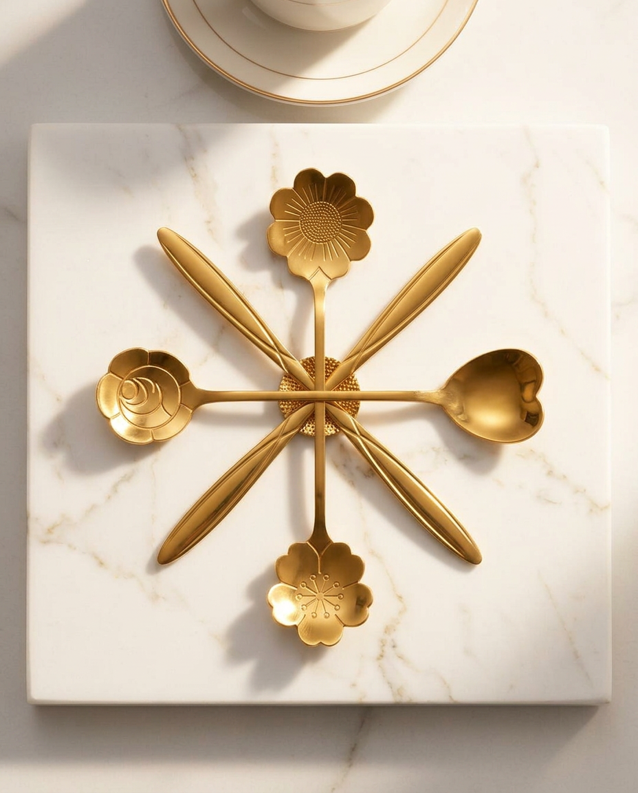 AI Design for Top-view luxury composition featuring 4 flower-shaped coffee spoons arranged like a blooming flower, pure white premium background, realistic metallic reflections, soft studio lighting, elegant shadowing, luxury cutlery advertisement style, ultra sharp focus, professional ecommerce photography, premium aesthetic, 4K resolution, no text, no logo, no watermark.
