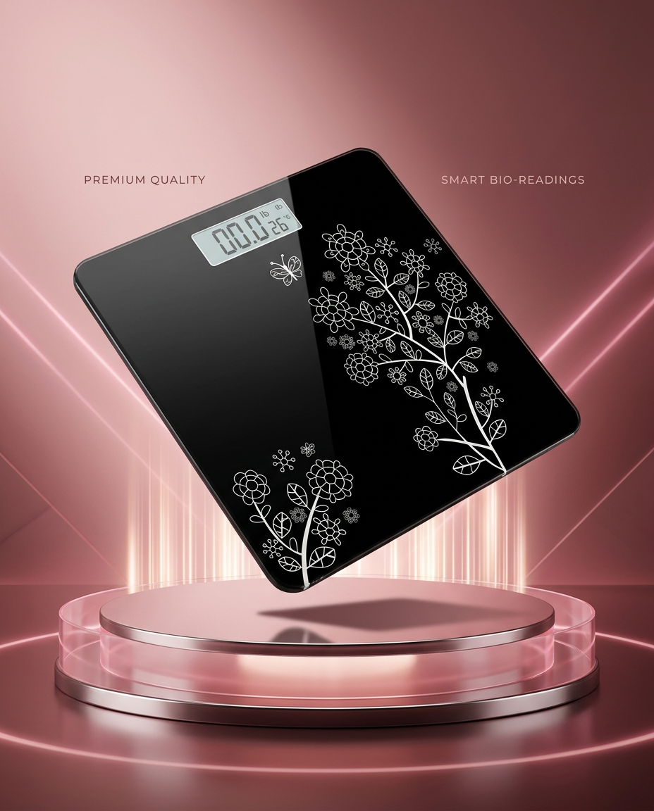 AI Design for Realistic digital weight scale floating above a futuristic circular podium, pink premium background, dramatic lighting, realistic shadow, ultra-HD commercial product photography, clean composition, high CTR Flipkart listing image, premium e-commerce design.
