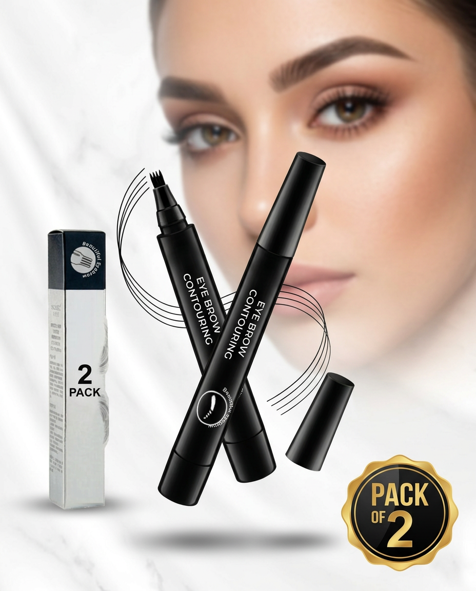 AI Design for White luxury background
2 eyebrow pens floating in X-shape
Soft shadow underneath
Bold badge: PACK OF 2
Natural eyebrow model in background blur
Premium cosmetic advertisement style