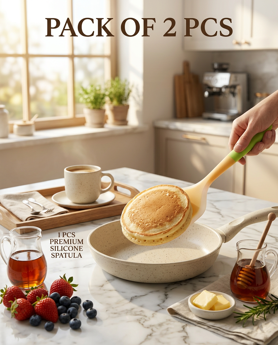AI Design for Create a premium Flipkart hero image of a 1 PCS silicone spatula set flipping fluffy pancakes in a cream-colored non-stick pan. Fresh strawberries, blueberries, maple syrup, butter, wooden serving tray and ceramic coffee mug decorate the marble countertop. Modern Scandinavian kitchen with warm morning sunlight streaming through a large window. Ultra realistic silicone texture, DSLR photography, luxury kitchenware advertisement, cinematic lighting, shallow depth of field, portrait 4:5, 8K, no watermark.AD TEXT PACK OF 2 PCS
