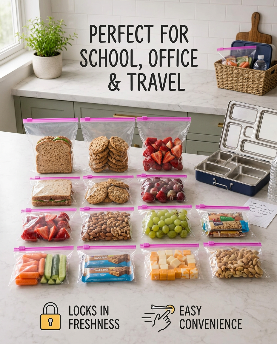 AI Design for Display 20 bags containing sandwiches, cookies, fruits, nuts, and snacks. Place a lunch box beside them to create a daily-use scene. Use text such as Perfect for School, Office & Travel and emphasize freshness and convenience.JO MAINE ZIPLOCK BAG KI IMAGE DALI HI WAHI SAM TO SAME ZIPLOCK BAG CHAYE WO BHI 20 PCS