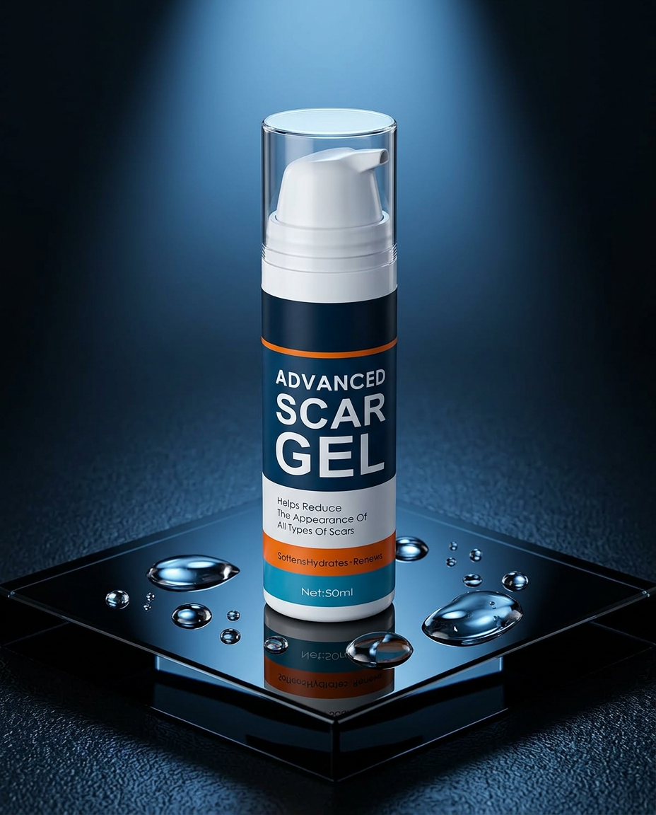 AI Design for Scar gel bottle placed on a black glossy glass podium
Soft blue spotlight from top
Water droplets around bottle
Premium skincare advertisement style