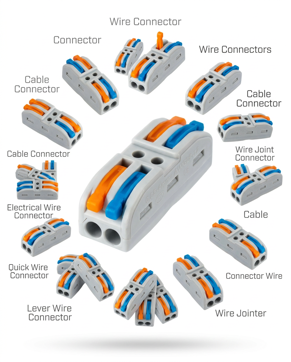 AI Design for Studio product photography of a grey lever wire connector with bright orange and blue levers as the central hero element. Surrounding it are 10 smaller identical connectors floating in a perfect, dynamic exploding vortex circle, inspired by the layout in wire connector,connector,wire connectors,cable connector,wire joint connector,cable,connector wire,wire jointer,Lever Wire Connector,Electrical Wire Connector,Quick Wire Connector,Cable Connector, Pure white background #FFFFFF, sharp focus, professional marketplace lighting, soft realistic drop shadows, 8K resolution, high-CTR e-commerce style.