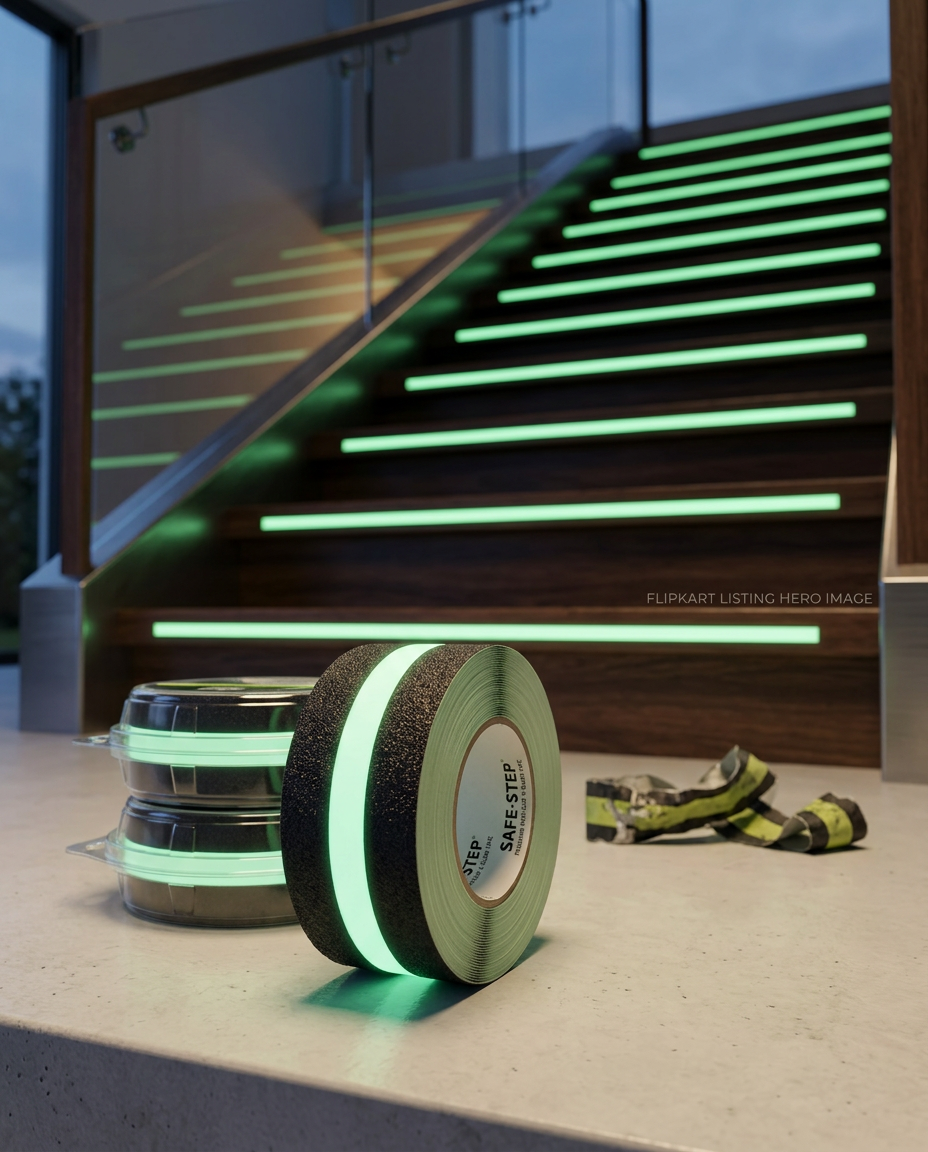 AI Design for Premium anti-slip glow tape displayed on modern indoor stairs. The green glow strip illuminates stair edges for night visibility. Product roll placed in foreground with sharp focus. Luxury home interior background with cinematic lighting, realistic materials, professional advertising photography, Flipkart listing hero image, ultra realistic, 8K. potaint mode @Create image
