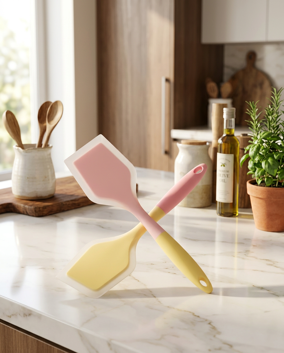 AI Design for Create a premium Flipkart hero image of a 2 PCS silicone spatula set. Place one pink spatula and one yellow spatula crossed elegantly on a luxurious white marble kitchen countertop. Background features a modern Scandinavian kitchen with wooden chopping board, ceramic utensil holder, olive oil bottle, fresh herbs, warm natural sunlight from a large window, soft depth of field, premium lifestyle kitchenware aesthetic. Ultra-realistic silicone texture, matte finish handles, crisp edges, DSLR product photography, luxury home decor, commercial advertising style, ultra detailed, 8K, portrait 4:5, no text, no watermark.