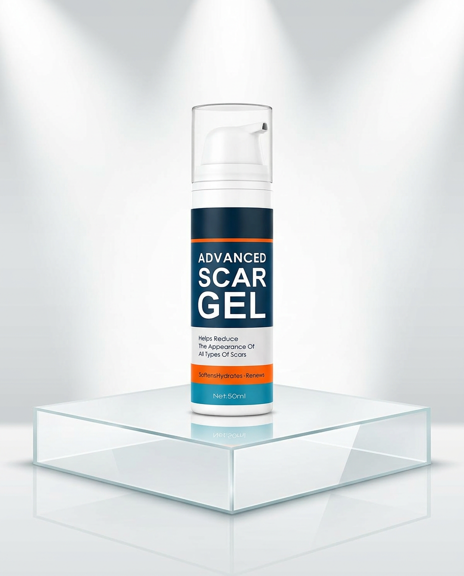 AI Design for Scar gel bottle placed on a white glossy glass podium
Soft white spotlight from top
Premium skincare advertisement style