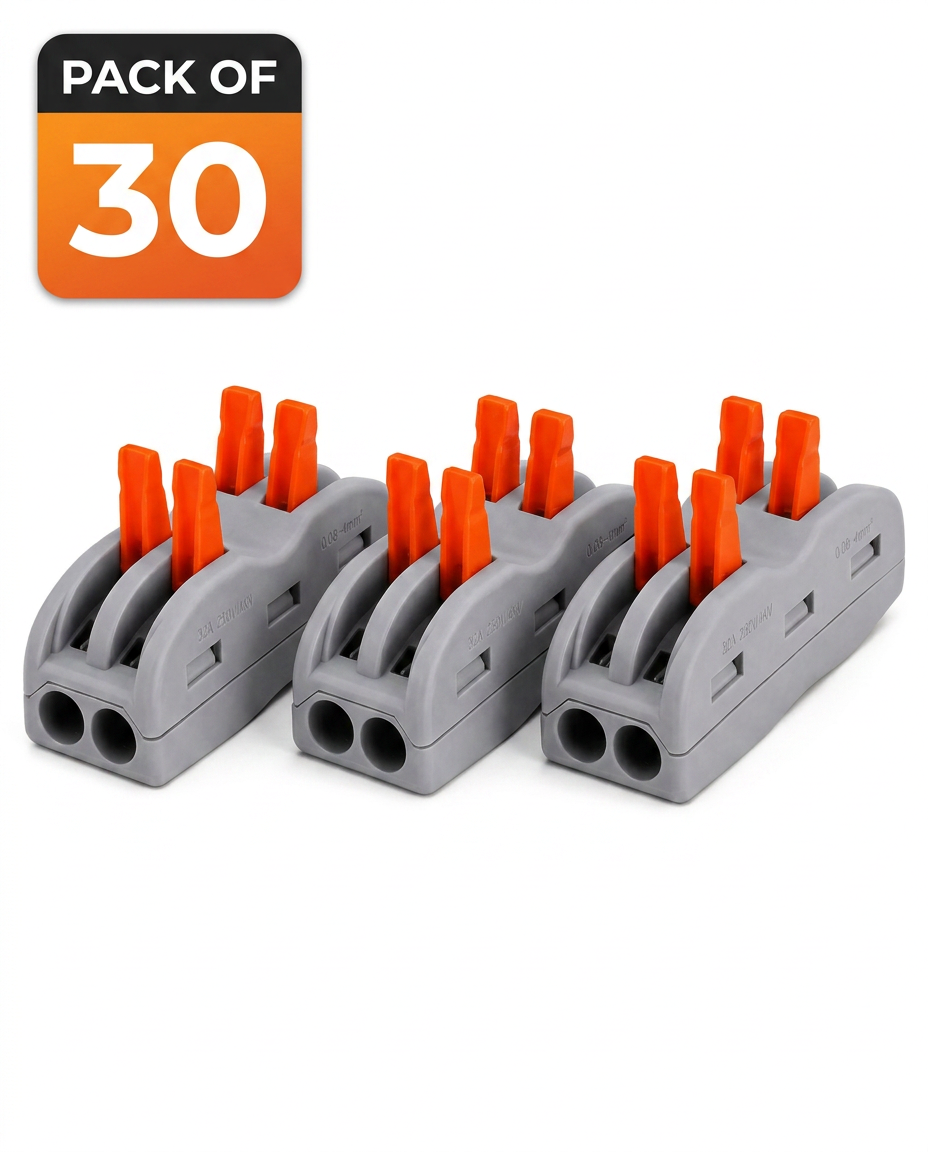 AI Design for **Edit the uploaded image. Do not change the design, color, shape, texture, or perspective of the original wire connector. Keep the original connector exactly as it is. Add one more identical wire connector beside it on the right side with the same size, angle, lighting, shadows, material, embossed markings, and orange levers. Both connectors should appear as a matching pair with equal spacing and perfect alignment.**
Place both connectors on a **pure white (#FFFFFF) seamless studio background** with soft professional product photography lighting and realistic natural drop shadows. Maintain the same camera angle, lens perspective, reflections, and matte ABS plastic finish as the original image.
Add a premium rounded square badge in the **top-left corner**. The badge should have a **black header** with bold white text **"PACK OF"** and a **bright orange gradient** lower section displaying a large white **"30"**. The badge should look clean, modern, and premium for a Flipkart hero image.
**Important:** Do not redesign or regenerate the connector. Preserve every detail of the original product exactly. Simply duplicate the same connector and place the duplicate next to the original while maintaining identical proportions, lighting, texture, and orientation.
**Style:** Premium Flipkart/Amazon hero image, photorealistic, Ultra HD, 8K, HDR, commercial product photography, clean minimal composition, high CTR.